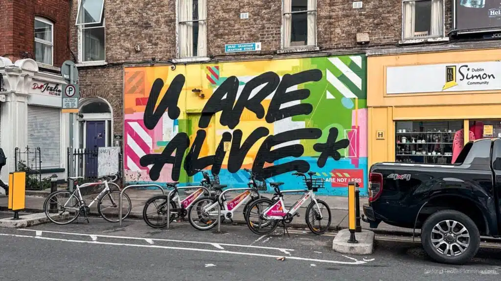 Dublin street art: "U ARE ALIVE" mural. Free things to do in Dublin include exploring street art.