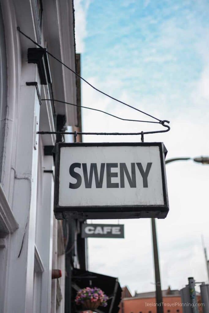 Sweny's Cafe sign, a free thing to do in Dublin
