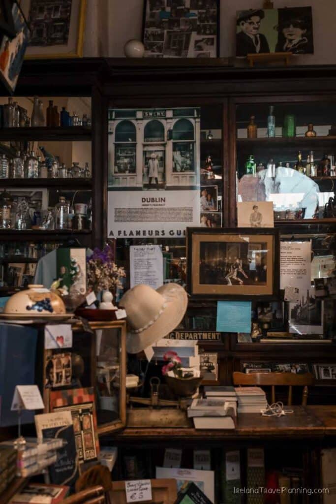 Old pharmacy display in Dublin with vintage bottles and memorabilia. Free things to do in Dublin.
