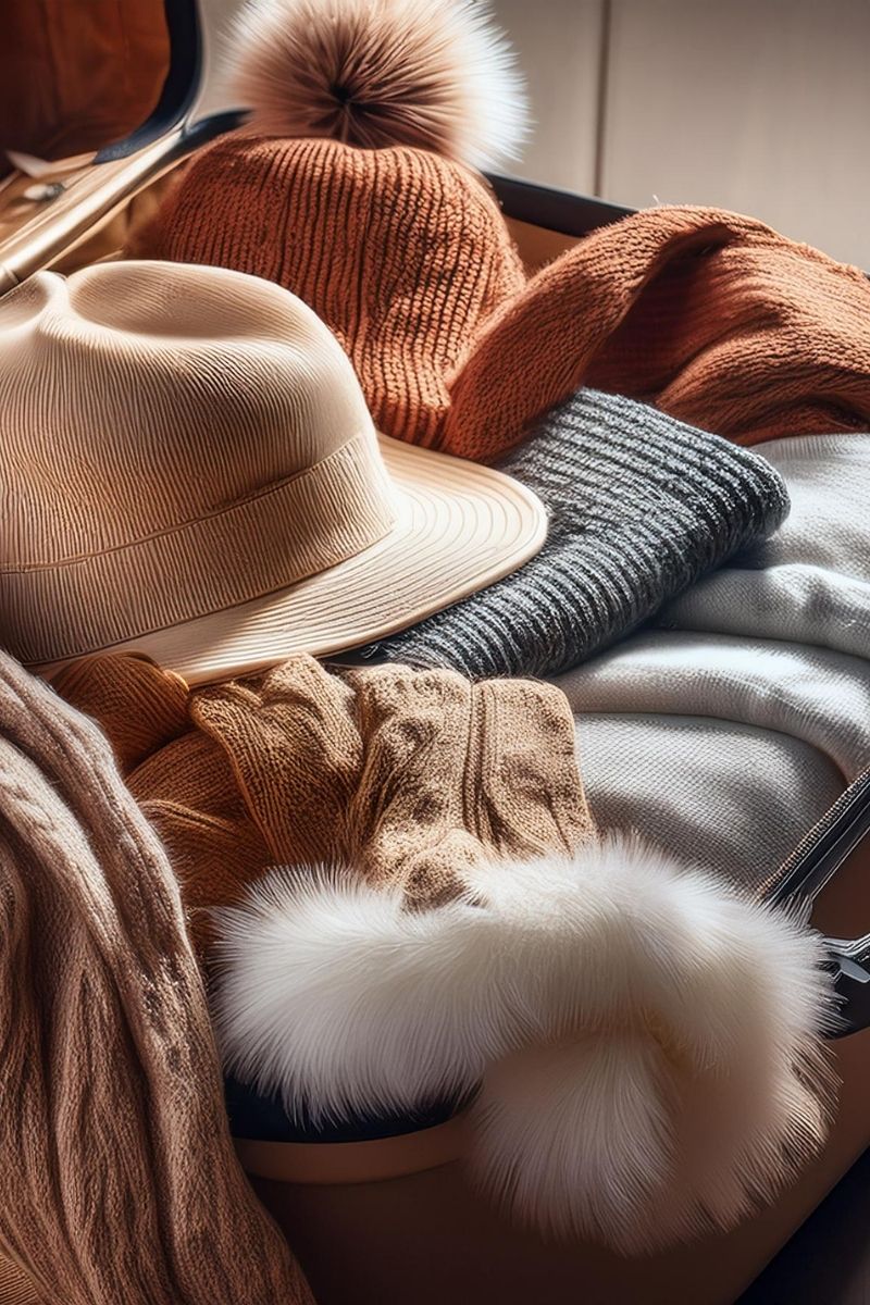 Cozy winter clothing, including a hat, sweaters, and gloves, for Ireland travel.