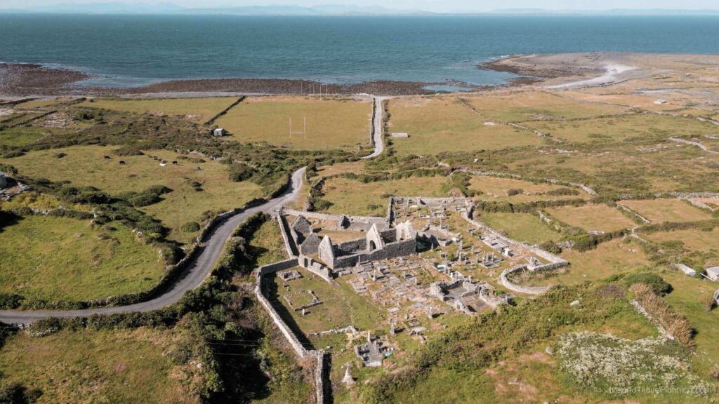 Aerial view of Teampall Bheanain ruins on Inis Mór, one of the many things to do on Inis Mór.