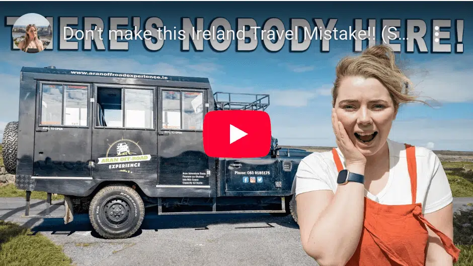 Inis Mór Aran Islands tour vehicle with a woman looking surprised. Things to do on Inis Mór.