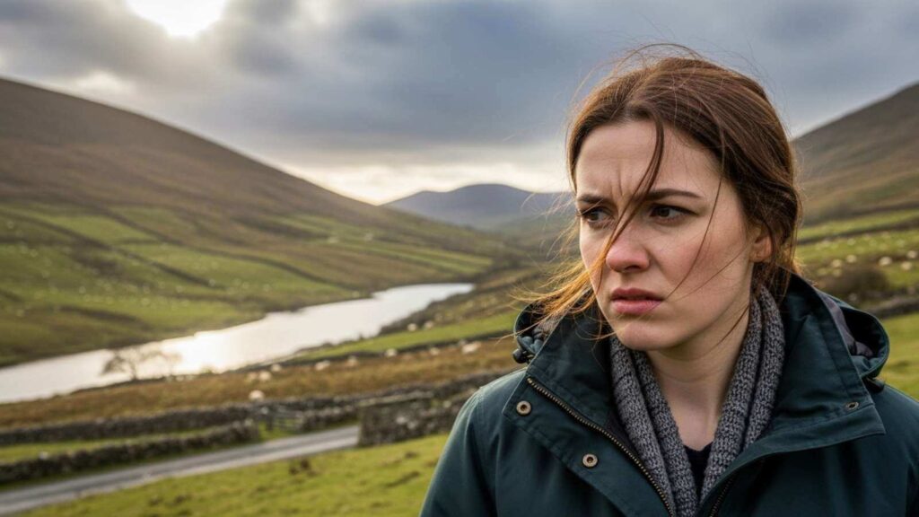 Worried woman in Ireland's landscape. How to piss off Irish people? She looks concerned.