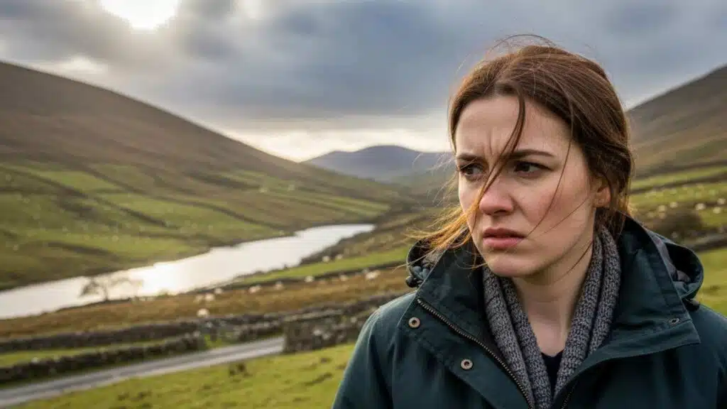 Worried woman in Ireland's landscape. How to piss off Irish people? She looks concerned.