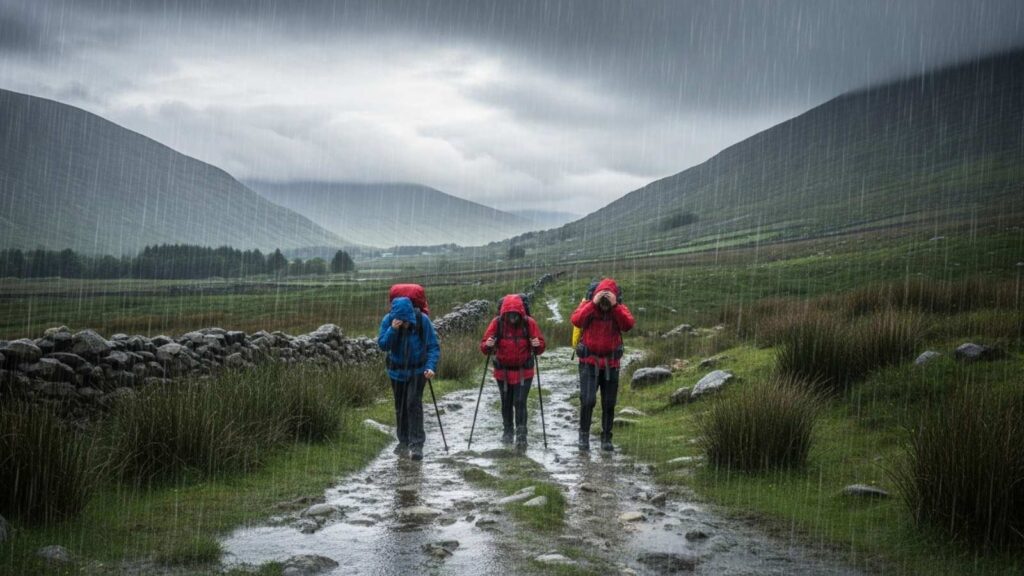 Hikers in rain gear trek through a wet, green Irish landscape. Best time to visit Ireland? Maybe not this!