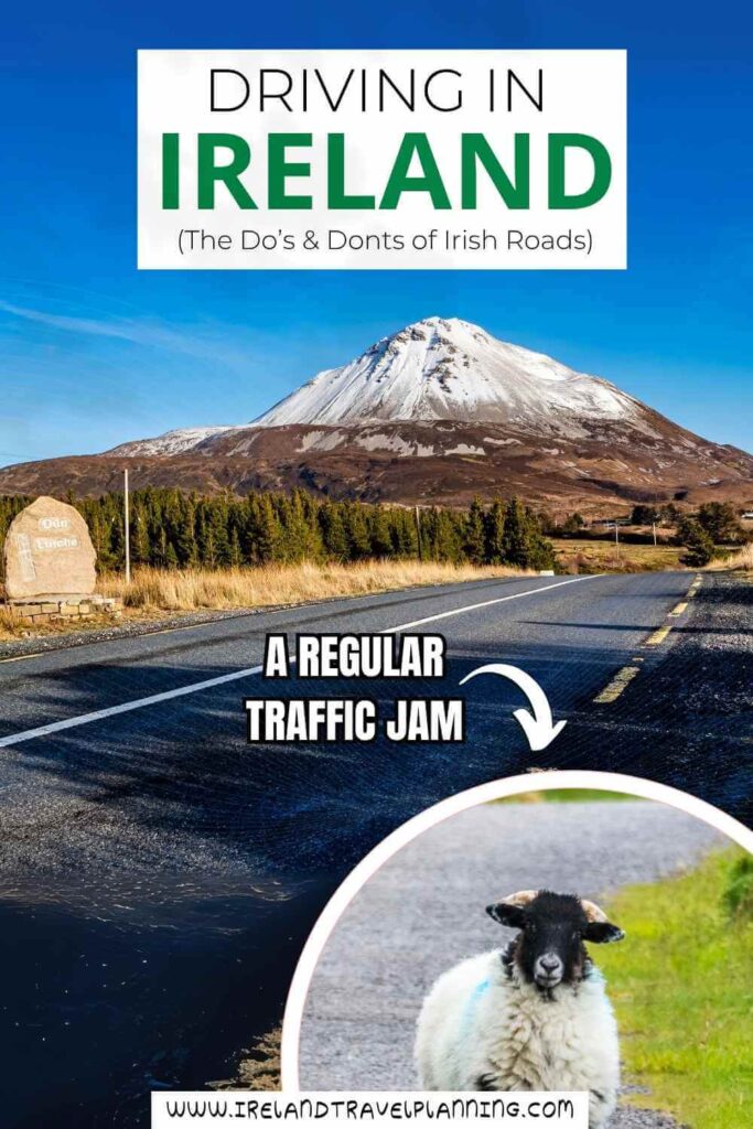 Driving in Ireland: Road with mountain, sheep, and "Oan Luiche" sign.