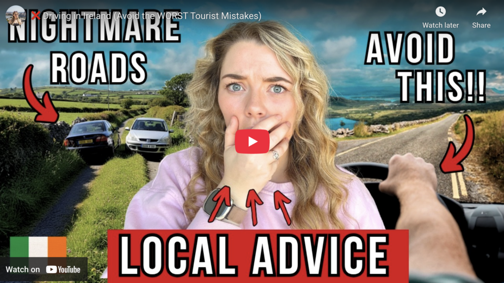 Driving in Ireland: Woman reacting to nightmare roads, with "Local Advice" text.