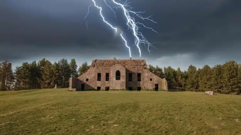 Lightning striking an old stone building in Ireland. Irish weather at its most dramatic.