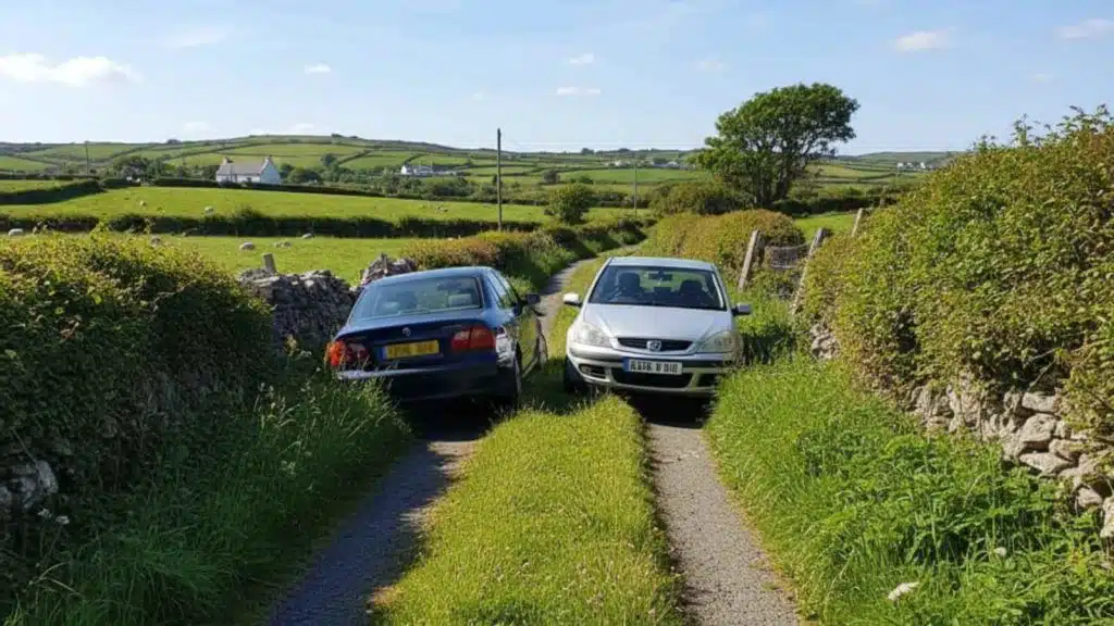 Two cars stuck on a narrow rural road in Ireland, a common tourist mistake.