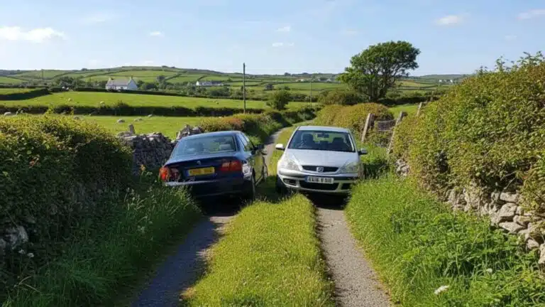 Two cars stuck on a narrow rural road in Ireland, a common tourist mistake.