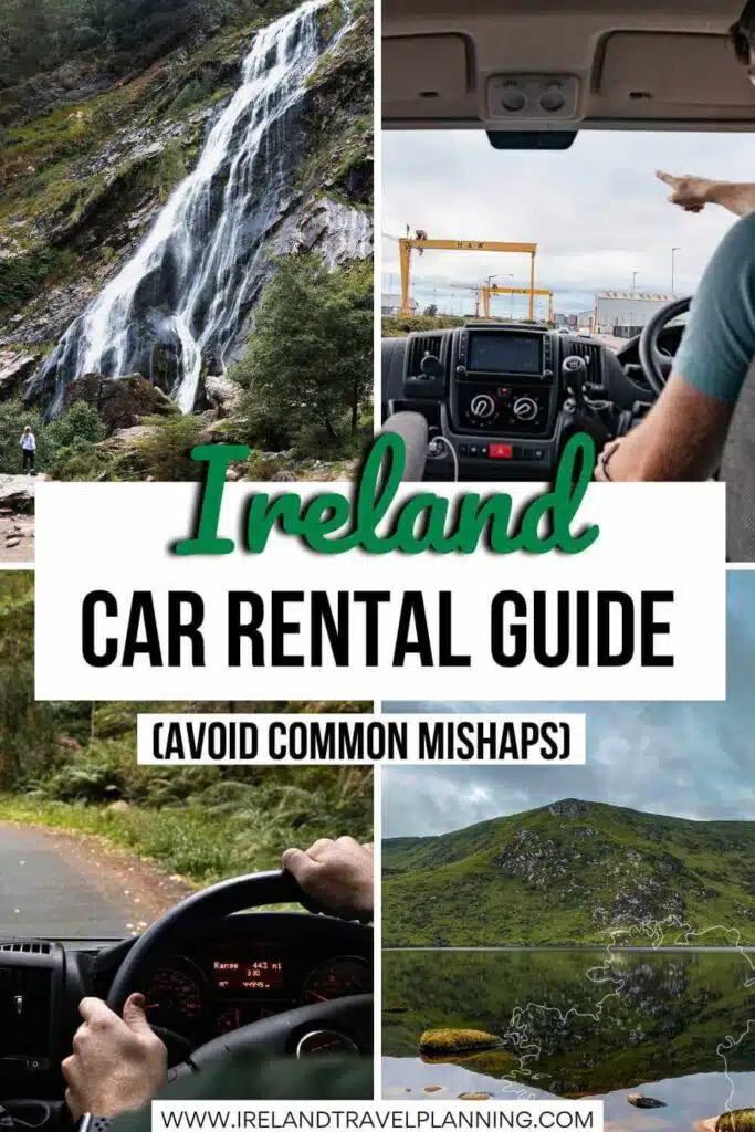 Ireland car rental guide cover: Waterfall, scenic views, and driving scenes.