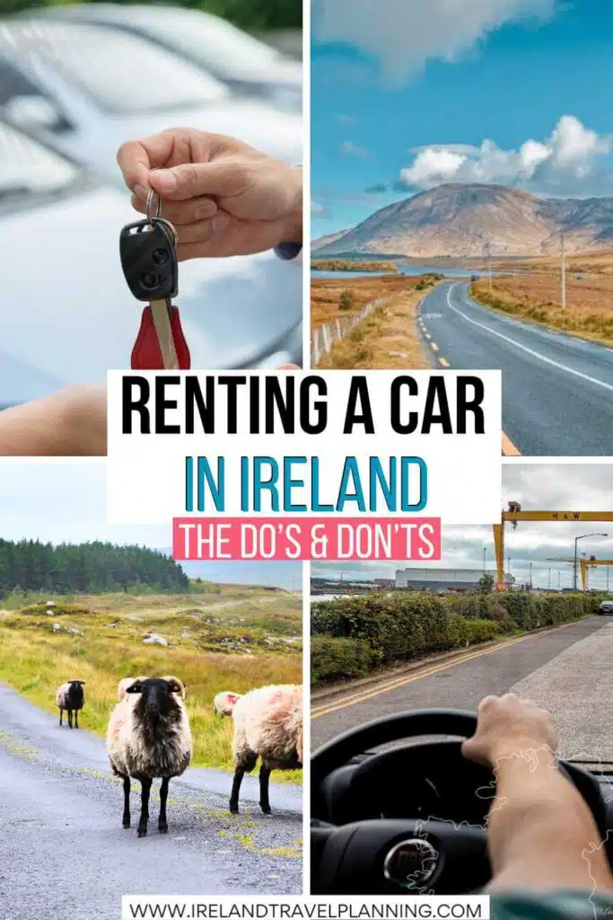 Collage about renting a car in Ireland, including car keys, scenic roads, and sheep.