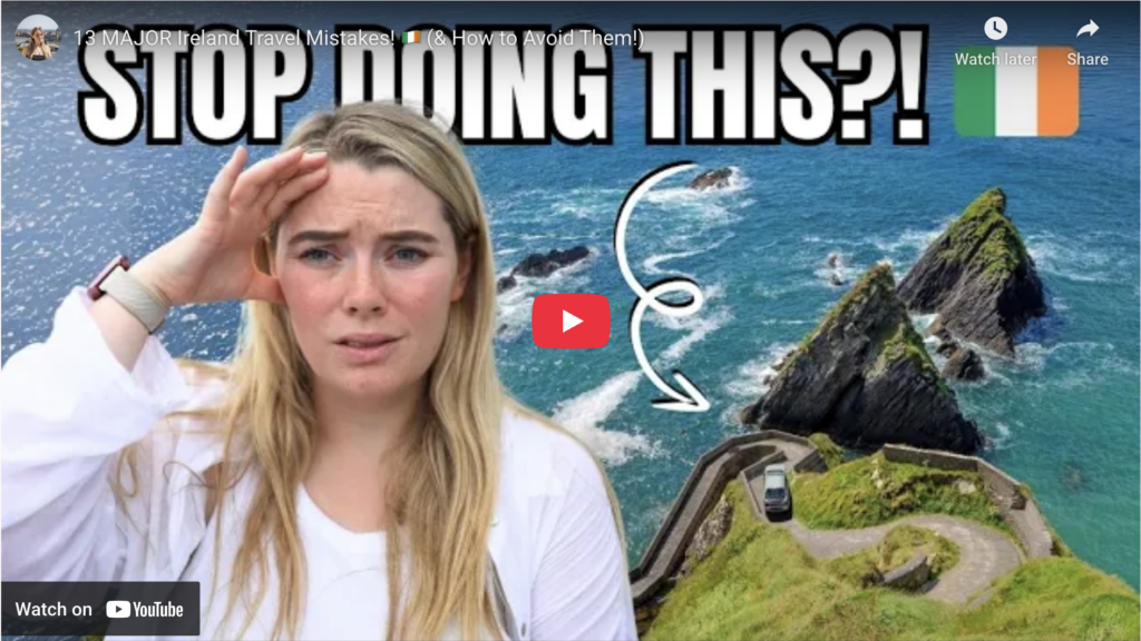 Ireland travel mistakes video thumbnail with coastal scenery and a concerned woman.