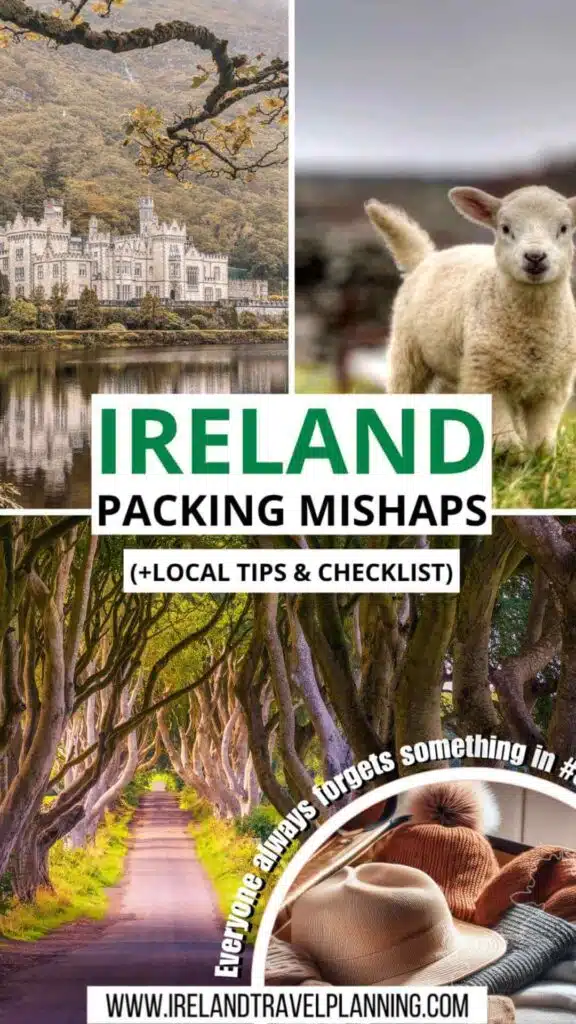 Ireland packing mishaps image with hats, castle, sheep, and Dark Hedges. Text: Ireland Packing Mishaps.