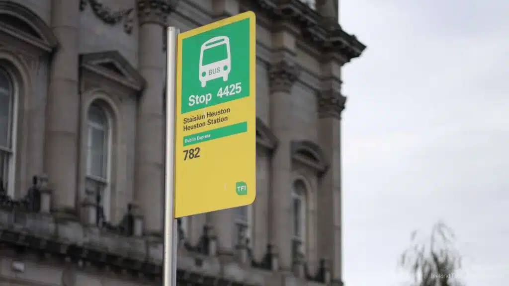 Dublin bus stop sign for route 782 to Heuston Station. Public Transport in Dublin.