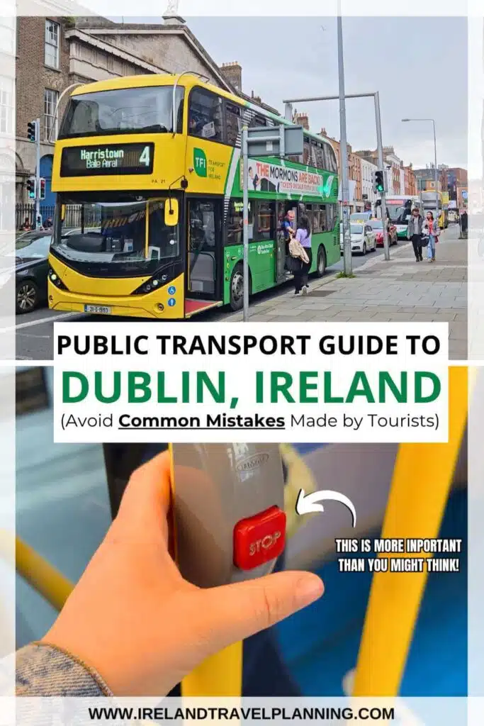 Dublin, Ireland public transport: A bright yellow double-decker bus and a stop button.