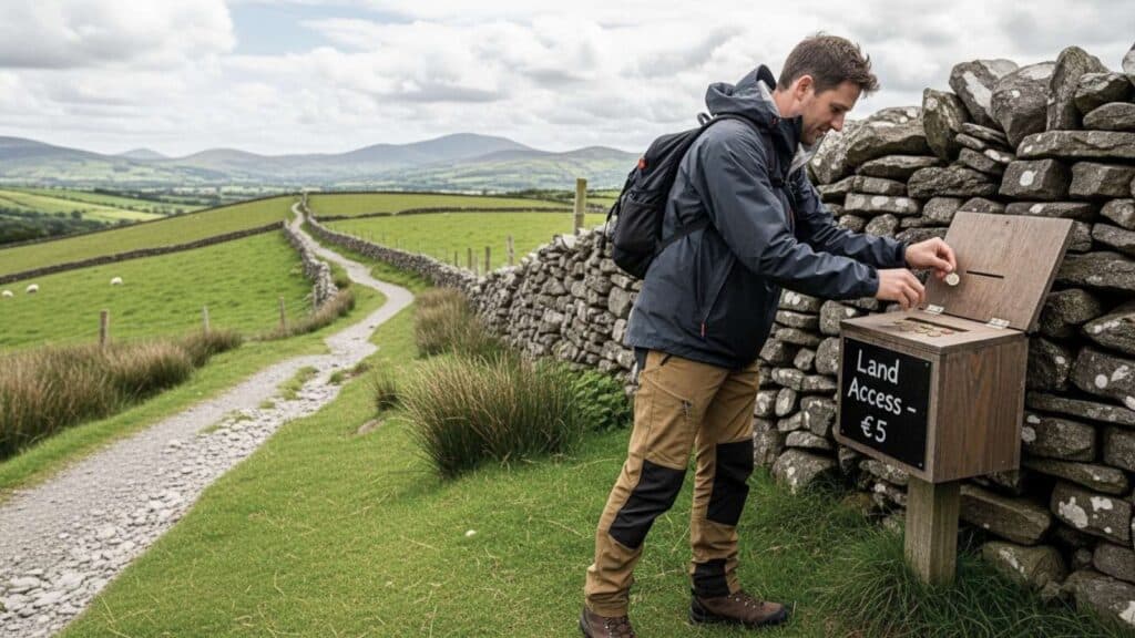 Hiker paying land access fee of €5 in rural Ireland.