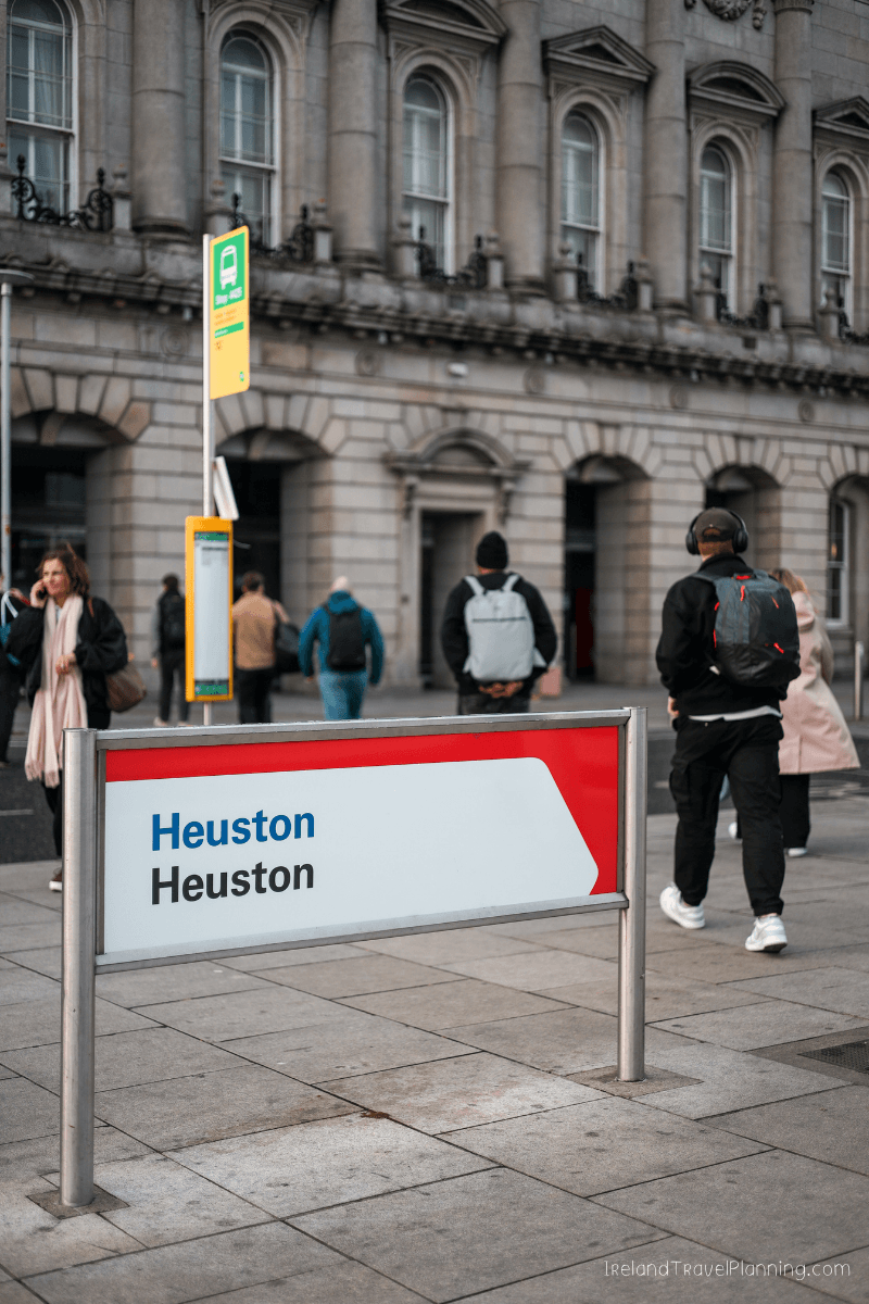 Heuston Station sign, a key public transport hub in Dublin for tourists.
