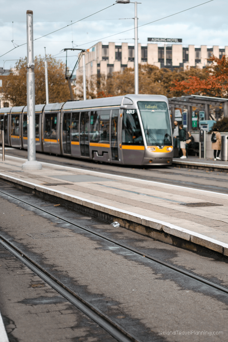 Dublin Luas tram with "Tallaght" destination, part of public transport in Dublin.