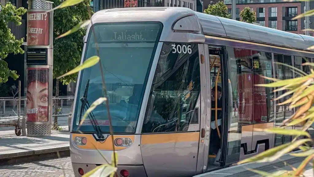 Luas tram in Dublin with "Tallaght" destination sign. Public Transport in Dublin.