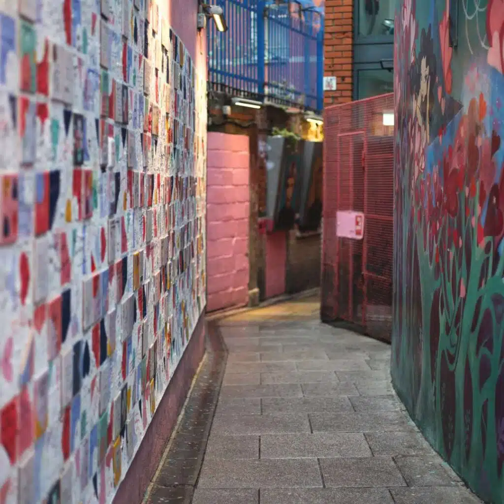 Dublin alleyway with colorful art wall, a hidden gem in Dublin.