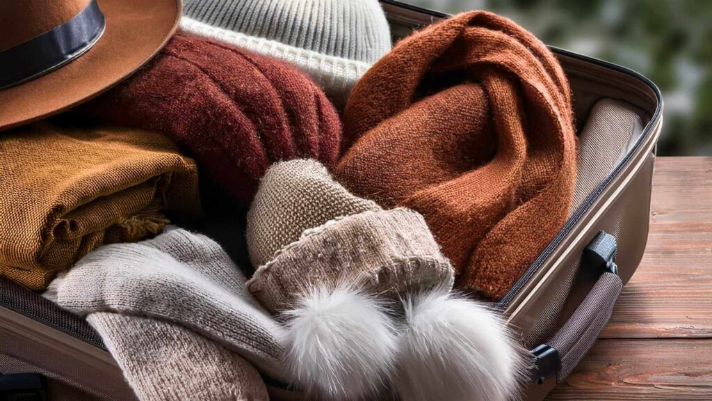 Suitcase packed with warm winter clothing: hats, scarves, and gloves.