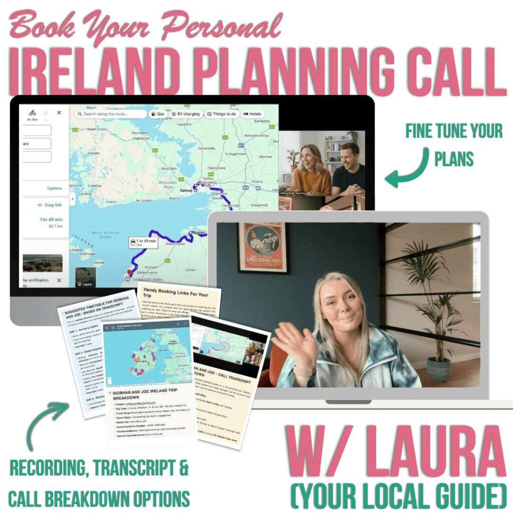 Book a personal Ireland travel planning call with Laura, your local guide. Includes recording, transcript, and breakdown options.
