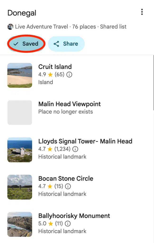 Donegal travel list on Google Maps showing saved places like Cruit Island.