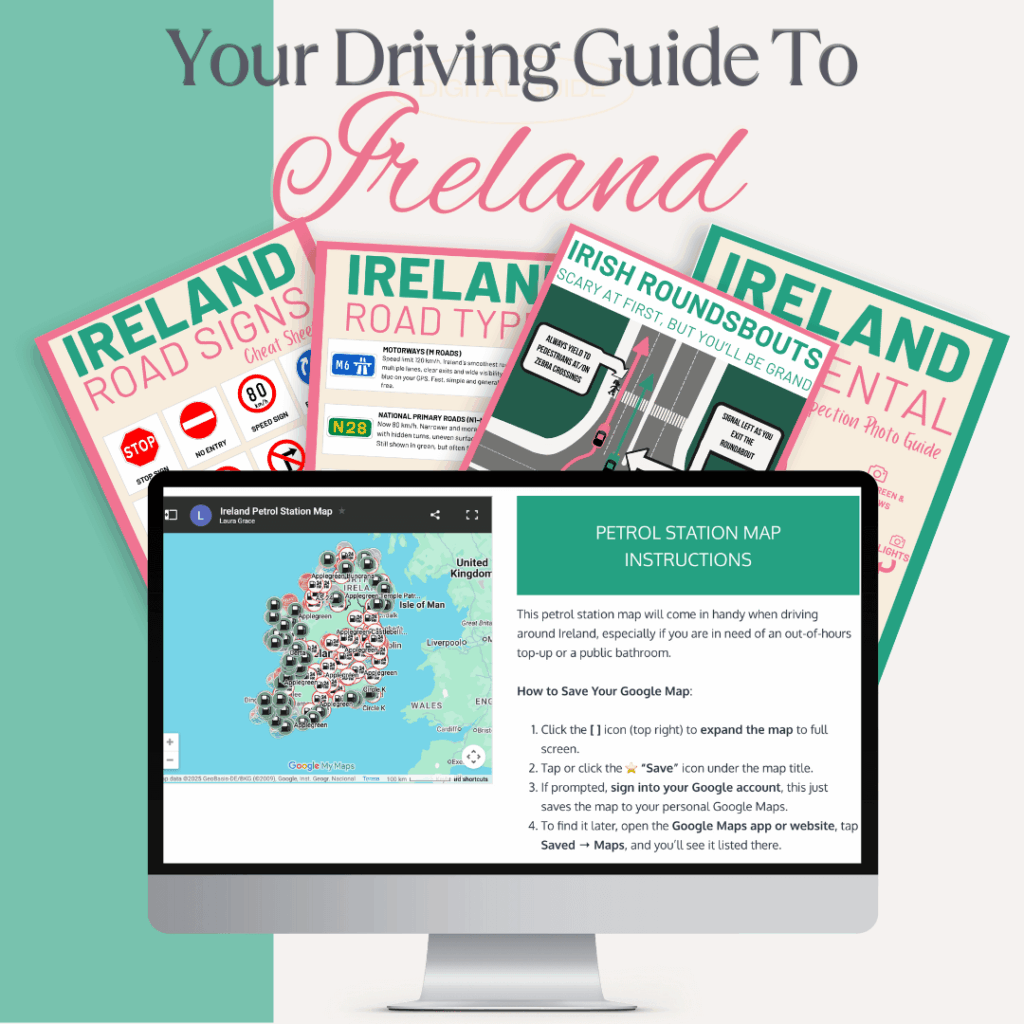 Ireland travel guide showing road signs, road types, roundabouts, and petrol station map.