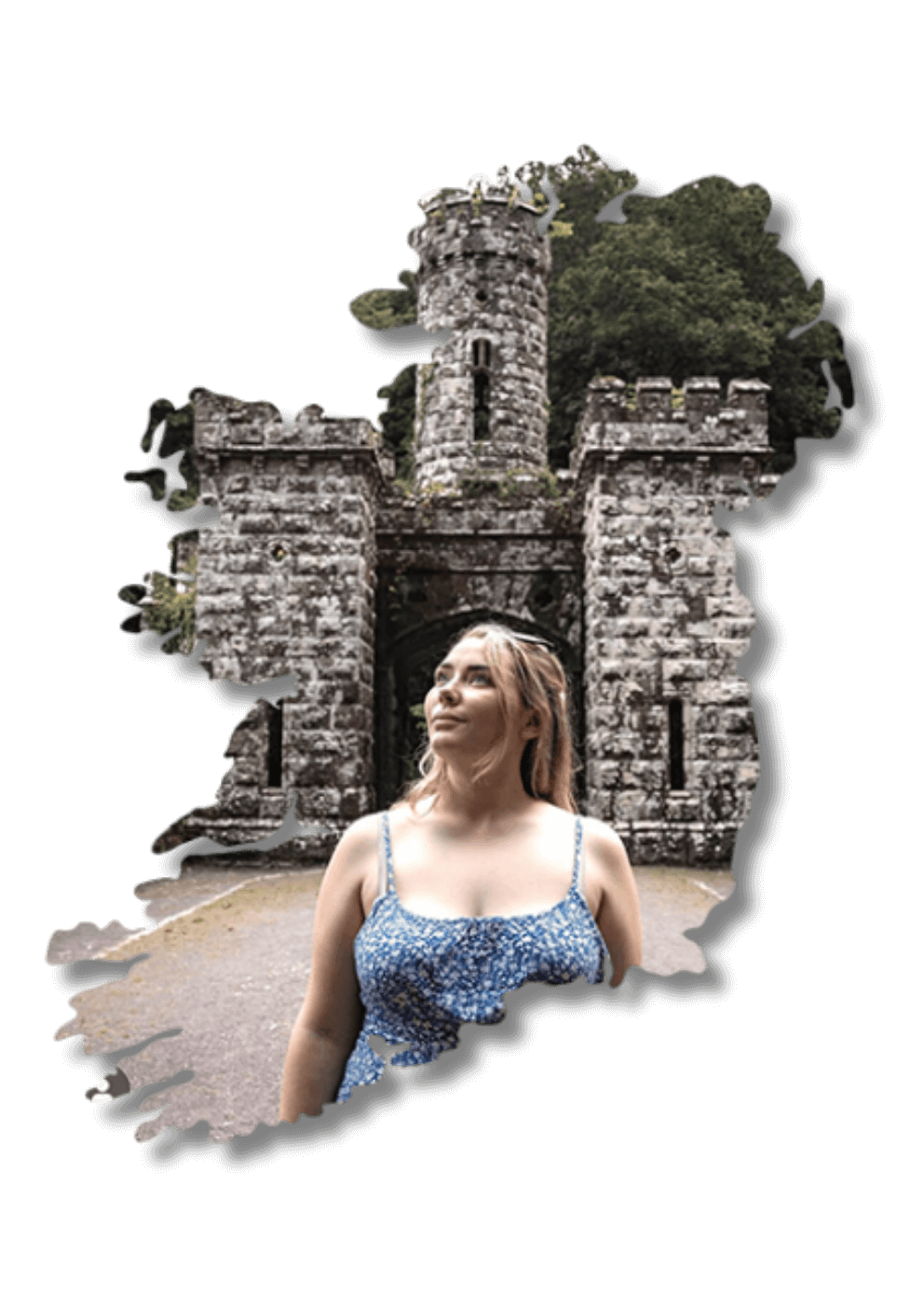 Woman in Ireland at a stone castle gate, travel planning by Laura Grace.