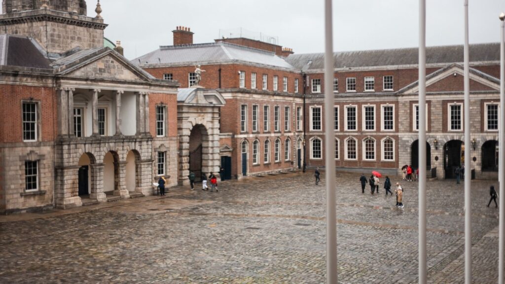 Dublin Castle courtyard view on a rainy day