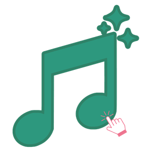 Green music note with sparkles and a hand clicking it.