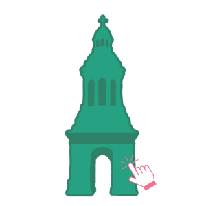 Green bell tower graphic with a hand clicking, travel guide concept.