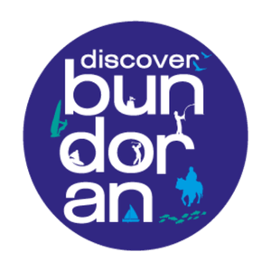 Discover Bundoran logo featuring outdoor activities like surfing, fishing, and horseback riding.