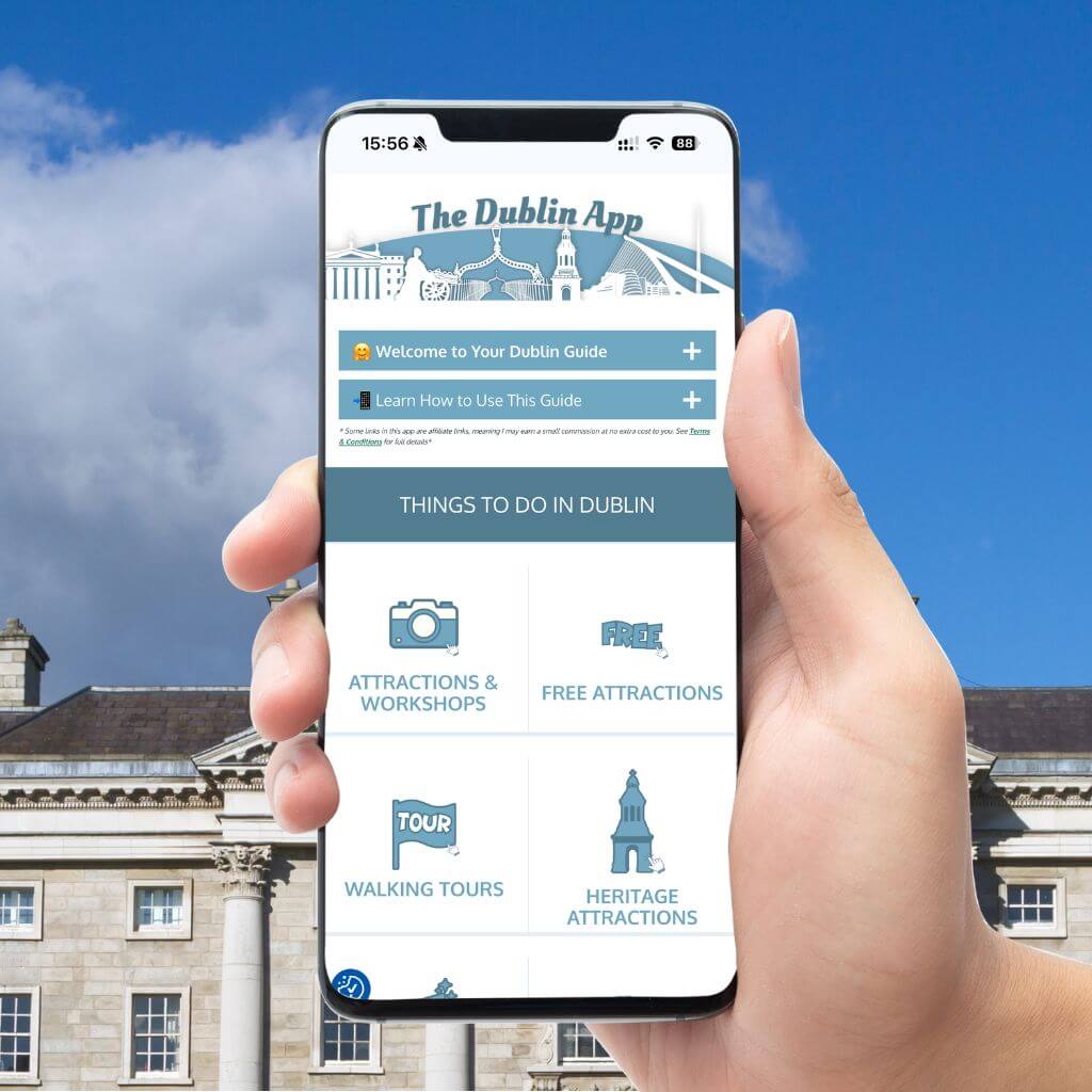 Dublin App on a phone showing attractions, tours, and heritage sites