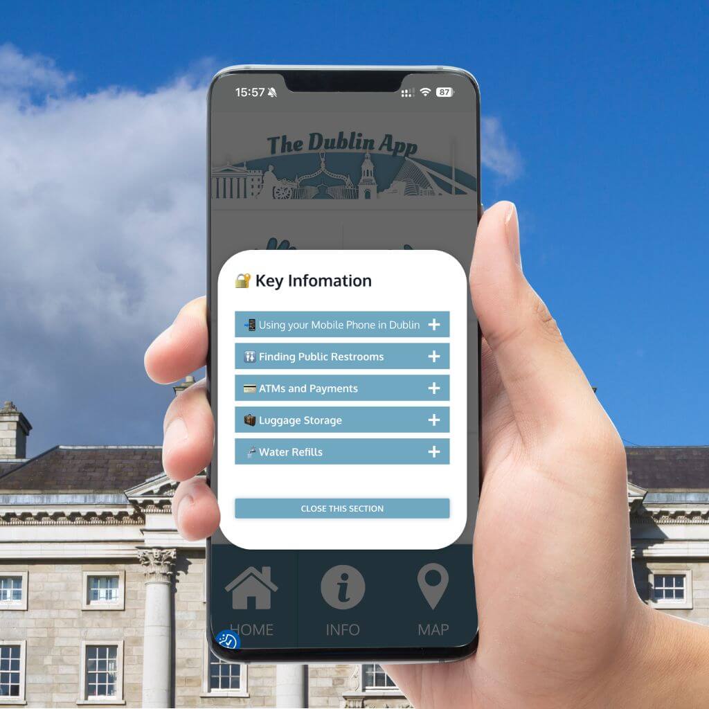 Dublin App key information: Using your mobile, finding restrooms, ATMs, luggage storage, and water refills.