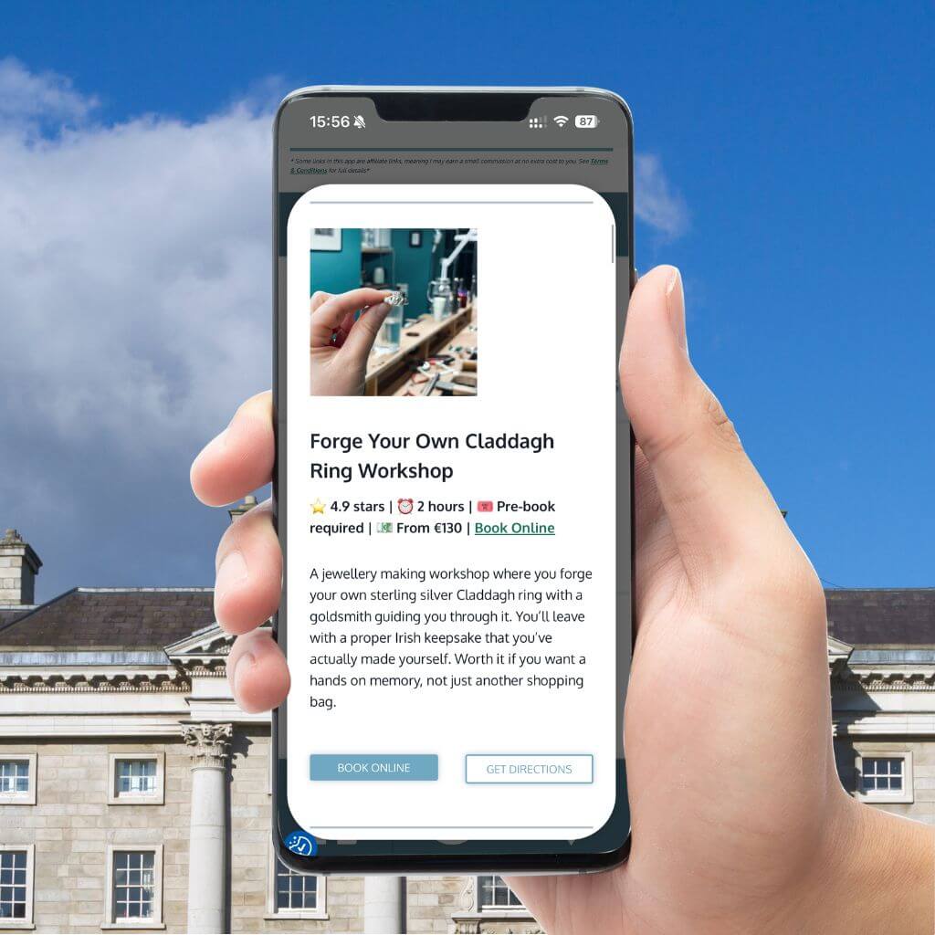 Phone screen showing a Claddagh ring workshop listing with 'Book Online' and 'Get Directions' buttons.