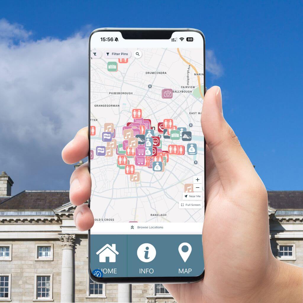 Phone screen displays a map app with icons for local businesses and services in Dublin.