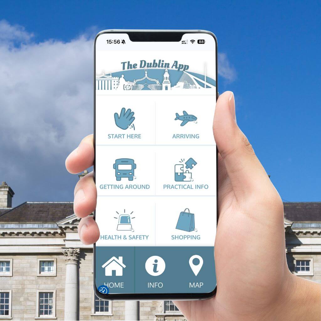 The Dublin App on a smartphone, featuring sections for travel, info, and shopping.