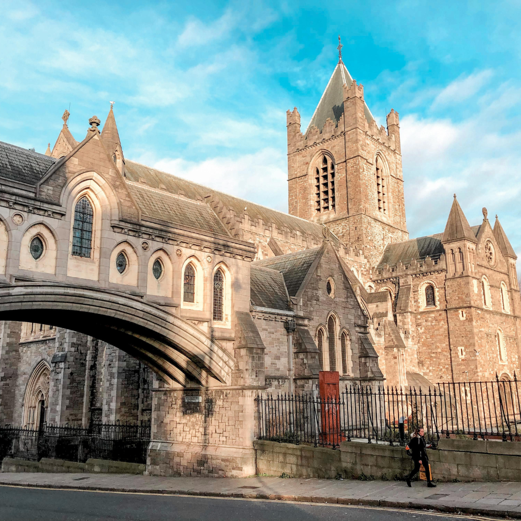 Christ Church Cathedral in Dublin, Ireland, with its iconic bridge. Dublin attractions include this historic landmark.