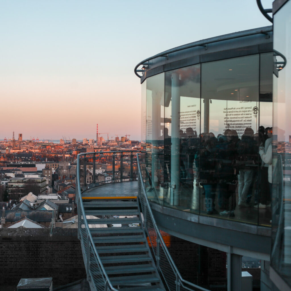 Dublin rooftop view from the Guinness Storehouse observation deck at sunset.