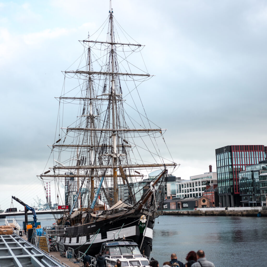 Dublin's tall ship Jeanie Johnston docked on the River Liffey, a popular Dublin attraction.
