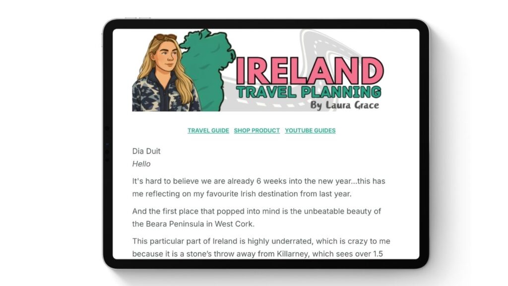 Ireland travel planning portfolio featuring Laura Grace with an Ireland map.
