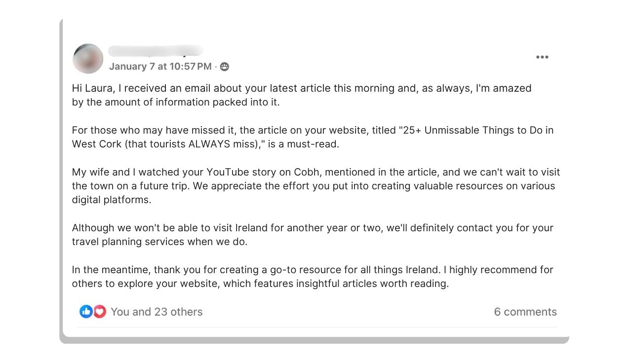 LinkedIn post with a testimonial praising a travel article "25+ Unmissable Things to Do in West Cork" and YouTube video.