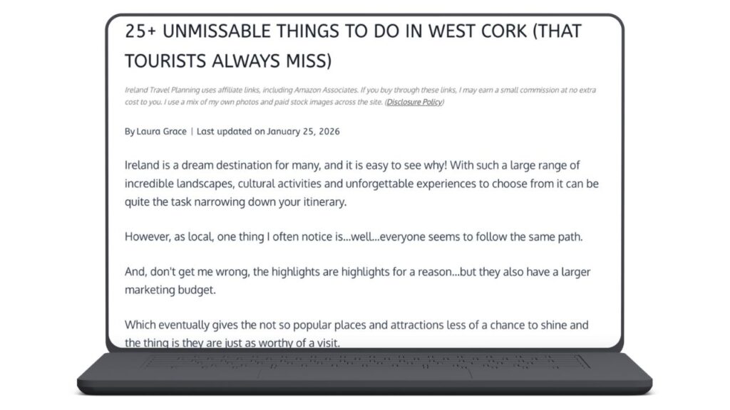 Screenshot of a blog post titled "25+ Unmissable Things to Do in West Cork.
