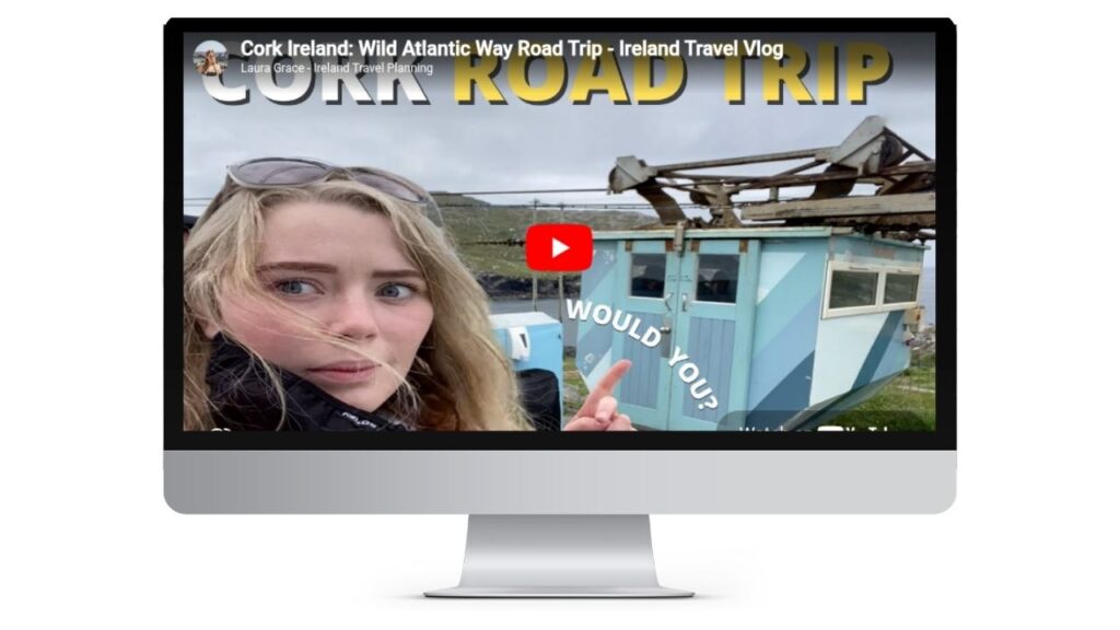 Ireland travel vlog screenshot featuring a woman, a cable car, and text "Cork Road Trip. Would you?