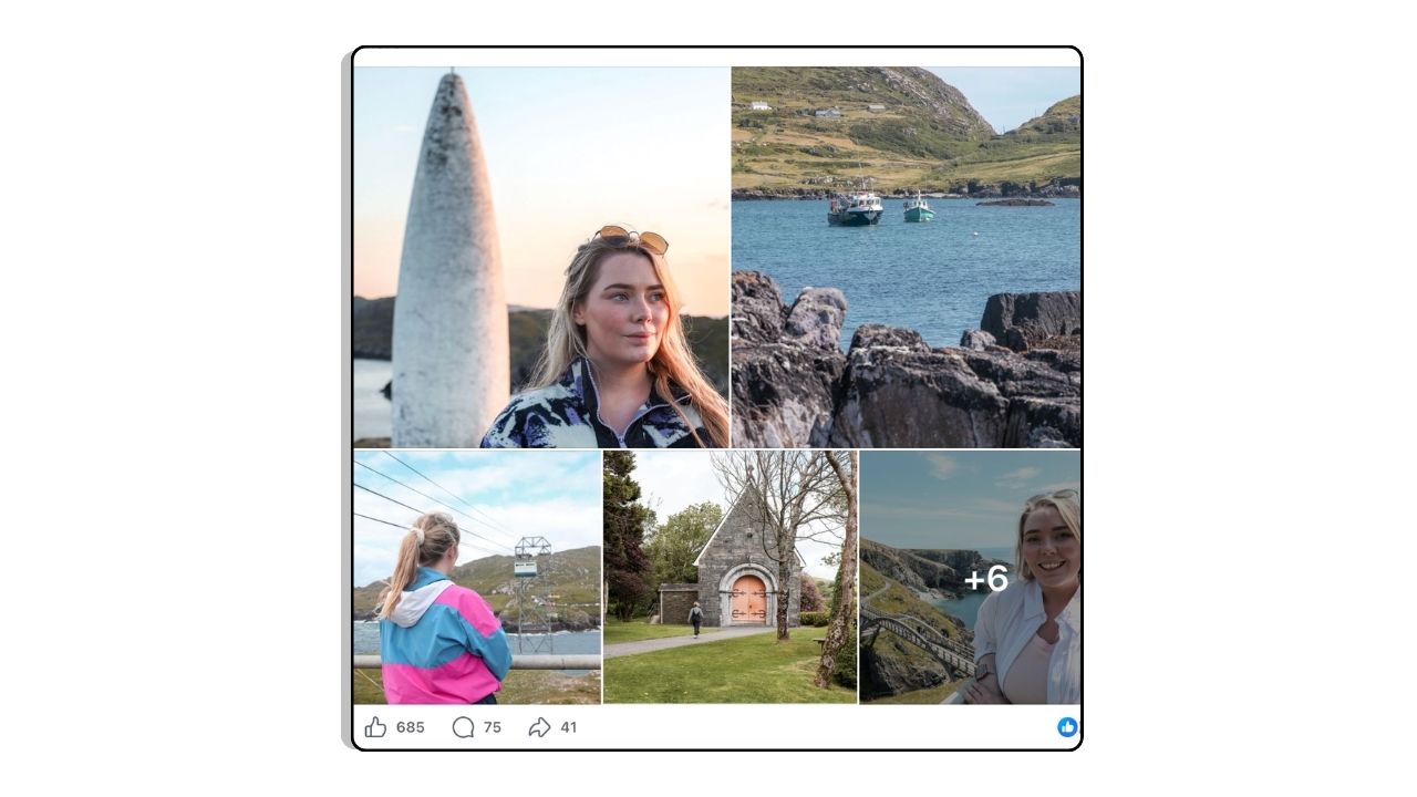 Ireland travel collage featuring coastal views, a monument, a historic building, and a woman enjoying the scenery.