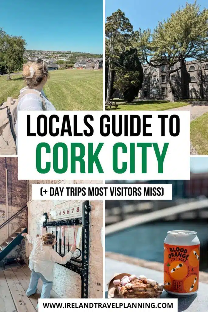 Collage with Cork City guide text, woman on bridge, historical building, day trips, and drink
