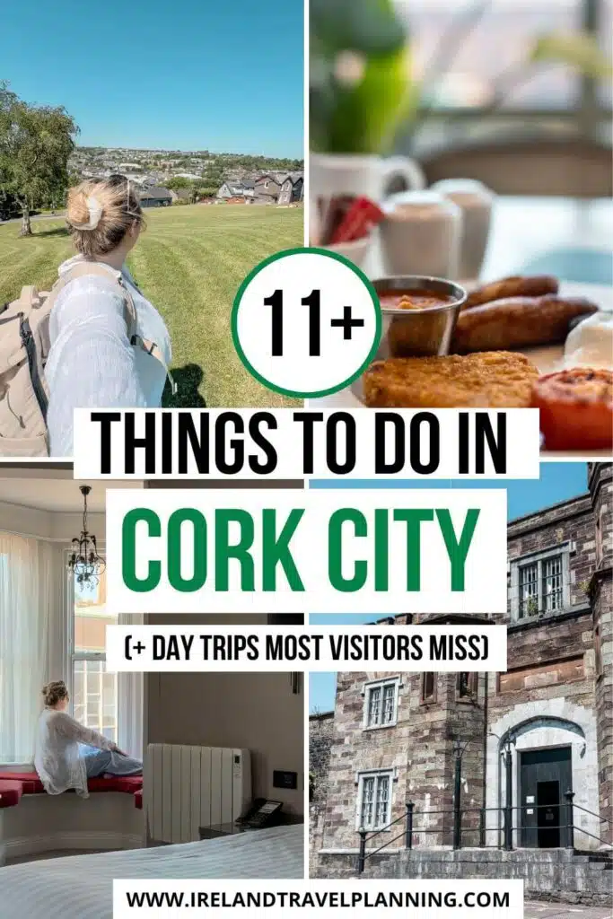 Collage of Cork City attractions, including outdoor view, breakfast, and historic building