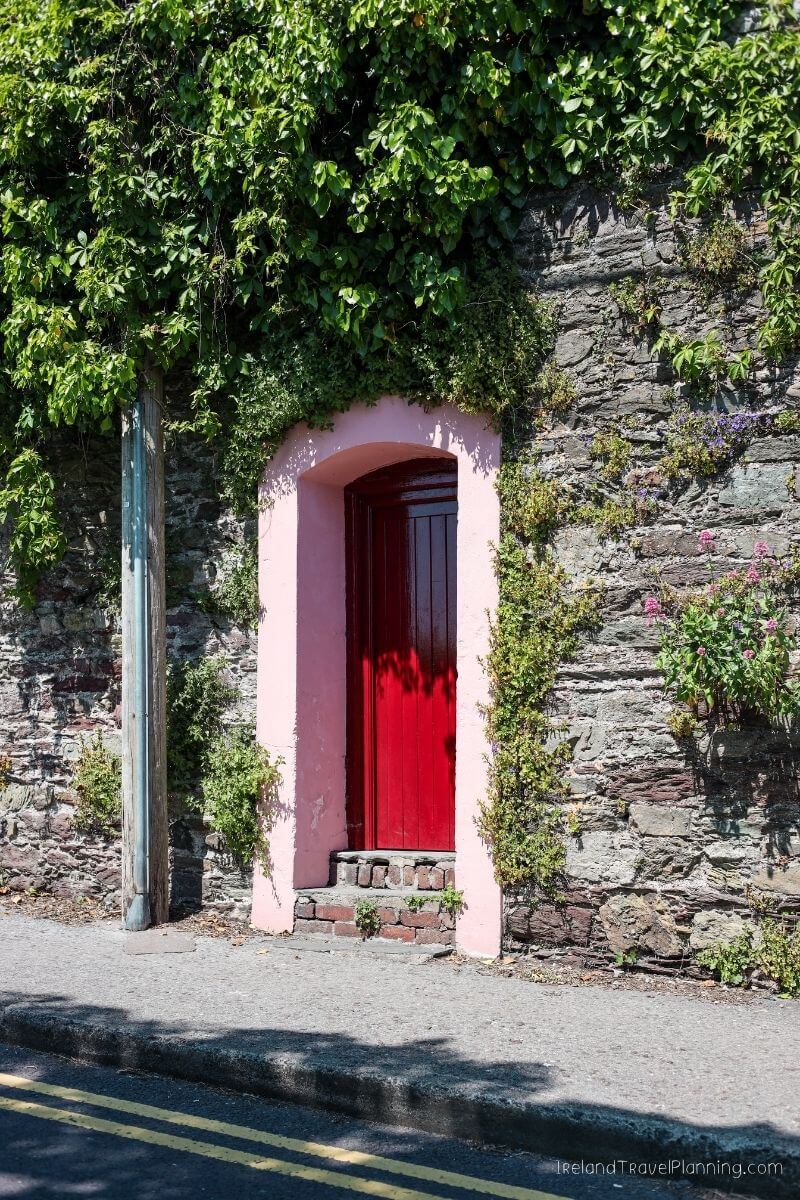 Red door with pink archway on stone wall, ivy-covered in Cork City
